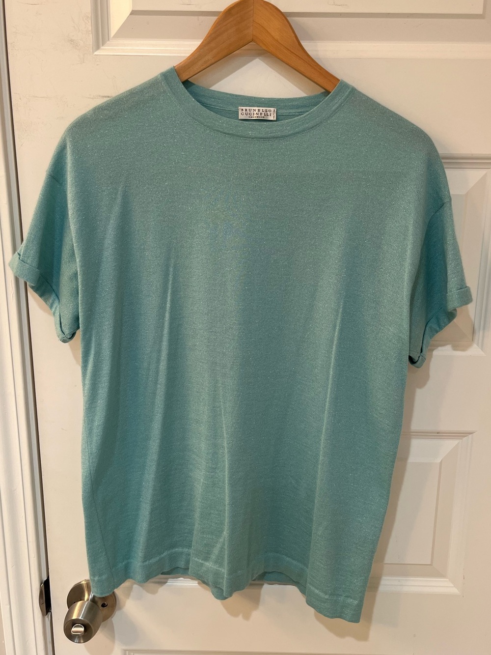 BRUNELLO CUCINELLI Teal Cashmere Silk Lurex Metallic Knit Short Sleeve Tee Sz L